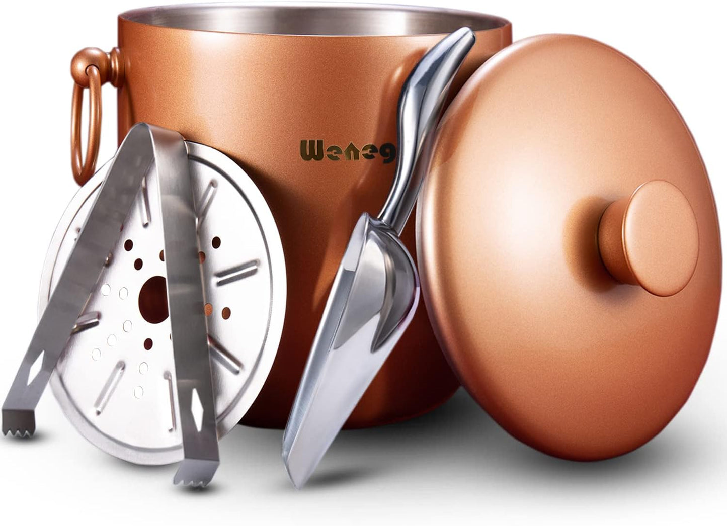 Ice Bucket with Lid, Scoop, Tongs and Strainer - Well Made Insulated Stainless Steel Keep Ice Frozen Longer - Ideal for Cocktail Bar, Parties, Chilling Wine, Champagne - 3 Liter (Copper)