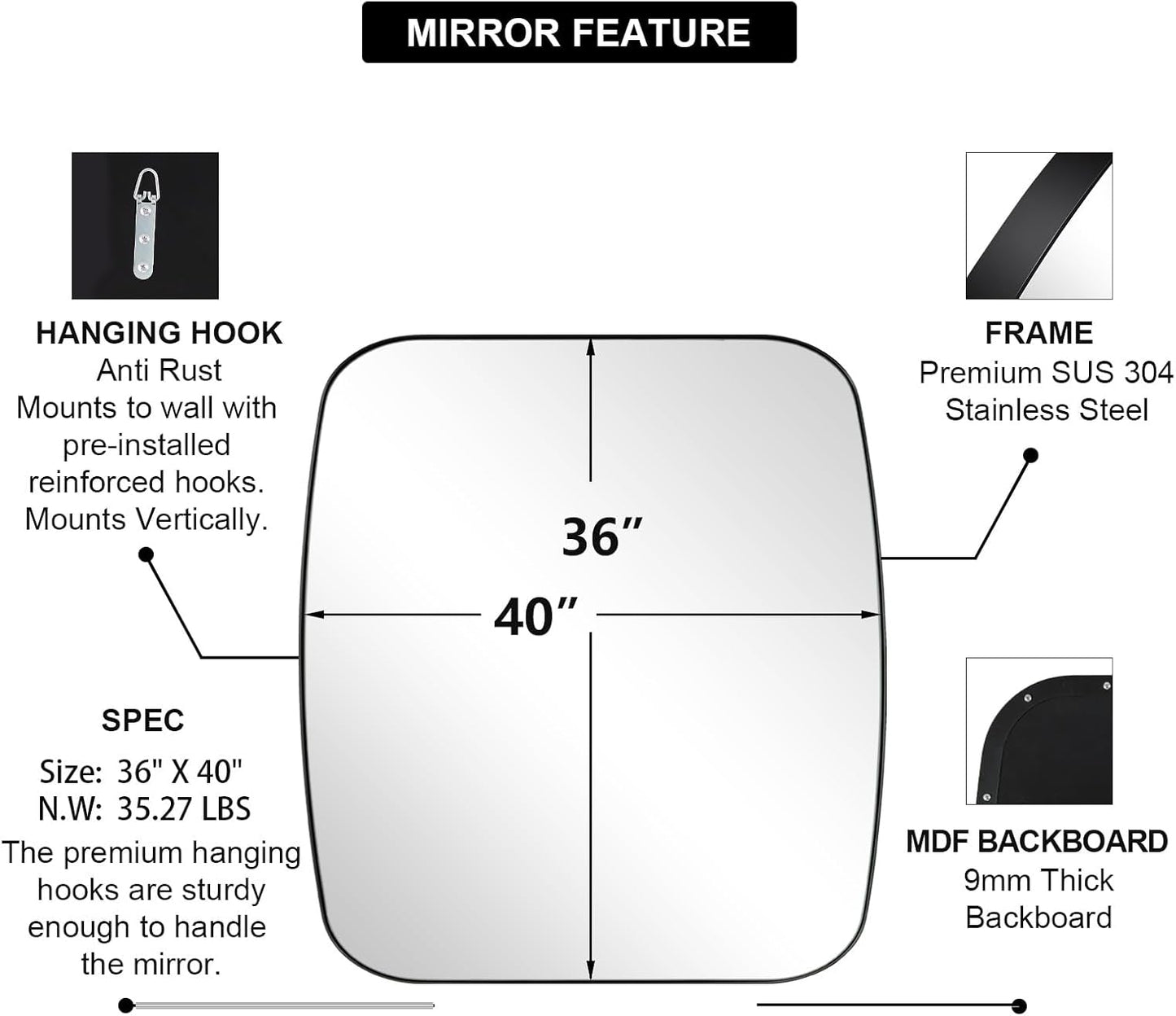 ANDY STAR Black Oblong Mirror, 36x40 Inch Black Oval Mirror for Bathroom with Stainless Steel Metal Frame, Wall Mouned for Bathroom, Living Room, Entryway