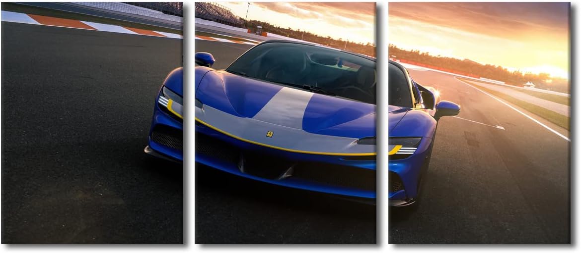 Wall Art for Living Room Large Size Blue Sports Car at Sunset Skyline Office Wall Decor Canvas Prints Super Car Speed Car Modern Artwork for Bedroom 3 Panels Bathroom Framed Ready to Hang, 36"Wx16"H