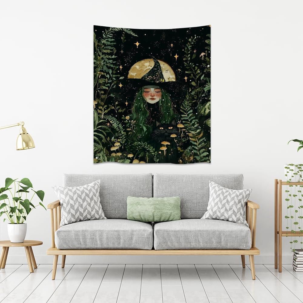 Moon Witch Tapestry Wall Hanging Mystical Botanical Green Print Dark Forest Witchy Decor Gothic Magical Black Cat and Moon Tapestries for Bedroom Living Room Dorm Decoration Aesthetic 70x90inch