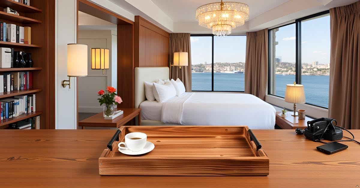 Set of 2 Decorative Nested Wood Vintage Serving Tray with Black Stainless Steel Handles for Eating, Breakfast in Bed,Kitchen,Ottoman Trays, Coffee Table Trays Farmhouse Tray