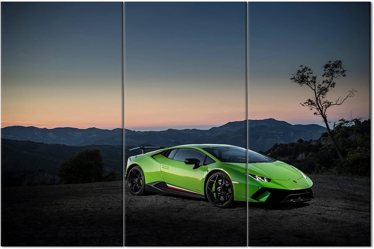 Green Sports Car On Mountain Top and Skyline Wall Art Painting The Picture Print On Canvas Racing Car Pictures for Home Decor Decoration Gift - 28 x 14inch x 3 Panel