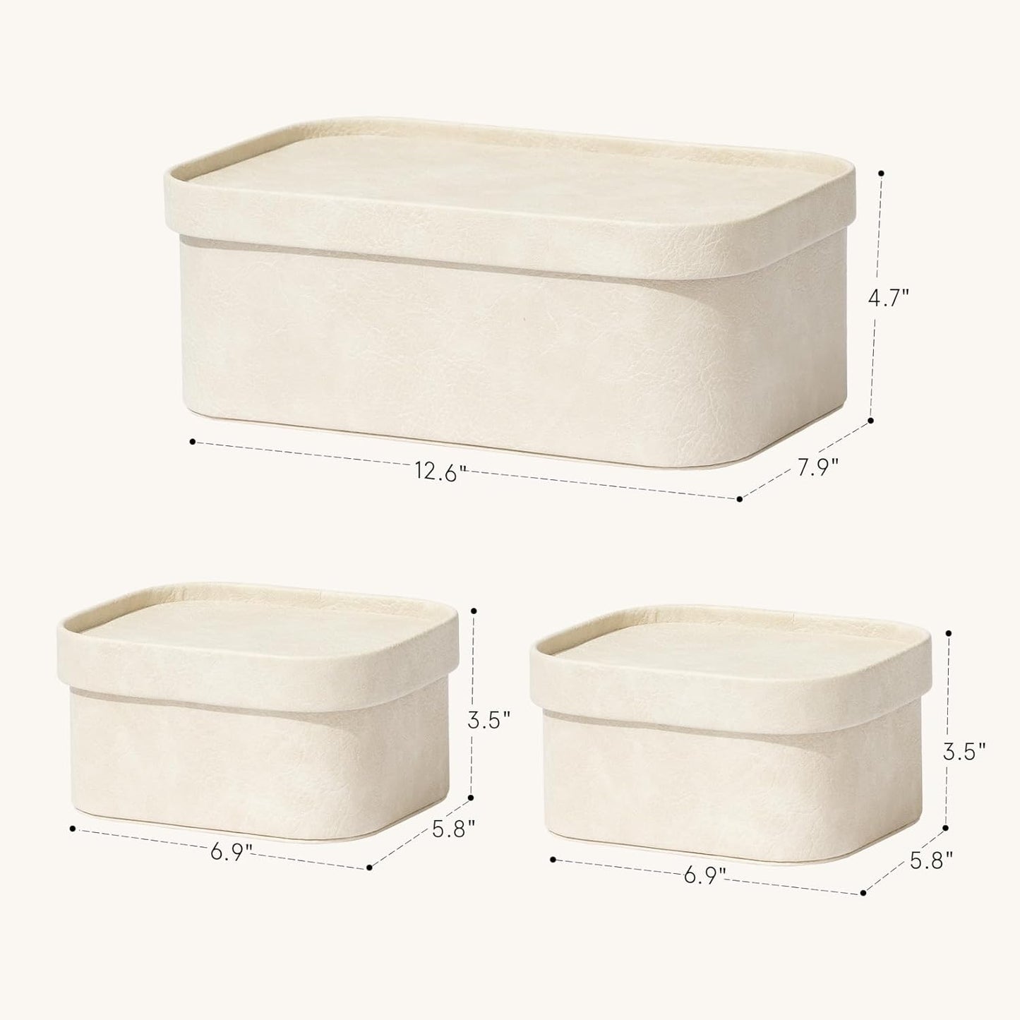 La Jolie Maison Vegan Leather Storage Boxes with Lids, Set of 3 Decorative Storage Containers Organize Stackable Storage Box, Beige