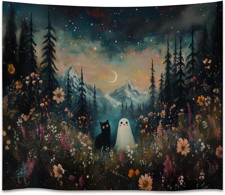 Whimsical Halloween Tapestry Wall Hanging Ghost and Black Cat in Magical Forest Wildflowers Meadow Tapestry Art Print Charming Spooky Fall Season Tapestries for Living Room Bedroom Decor 40x60inch