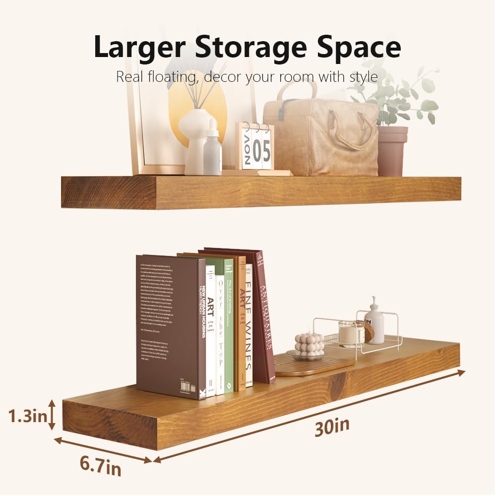 Habudda Floating Shelves, Wall Shelf for Bathroom Bedroom Kitchen, Natural Pine Real Wooden Shelves, Wall Mounted, 100% Pine, Set of 2, 30 Inches Long, Honey Oak