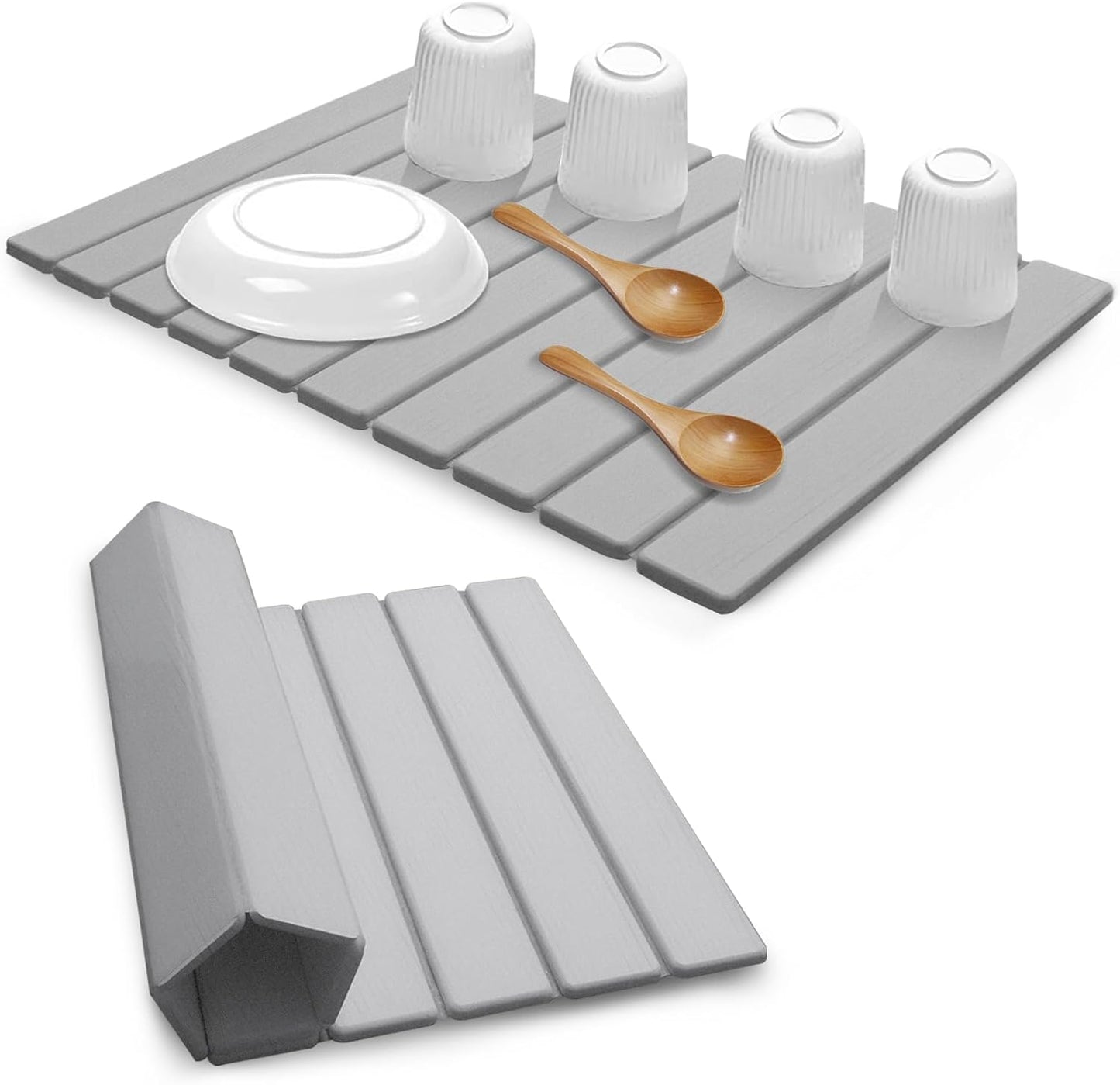 Large Stone Dish Drying Mats for Kitchen Counter, Quick Dry Absorbent Collapsible Dish Drying Mat,Diatomaceous Earth Mats for Dishes Bottles Cups,Match Any Countertop,Grey 24 * 16inch