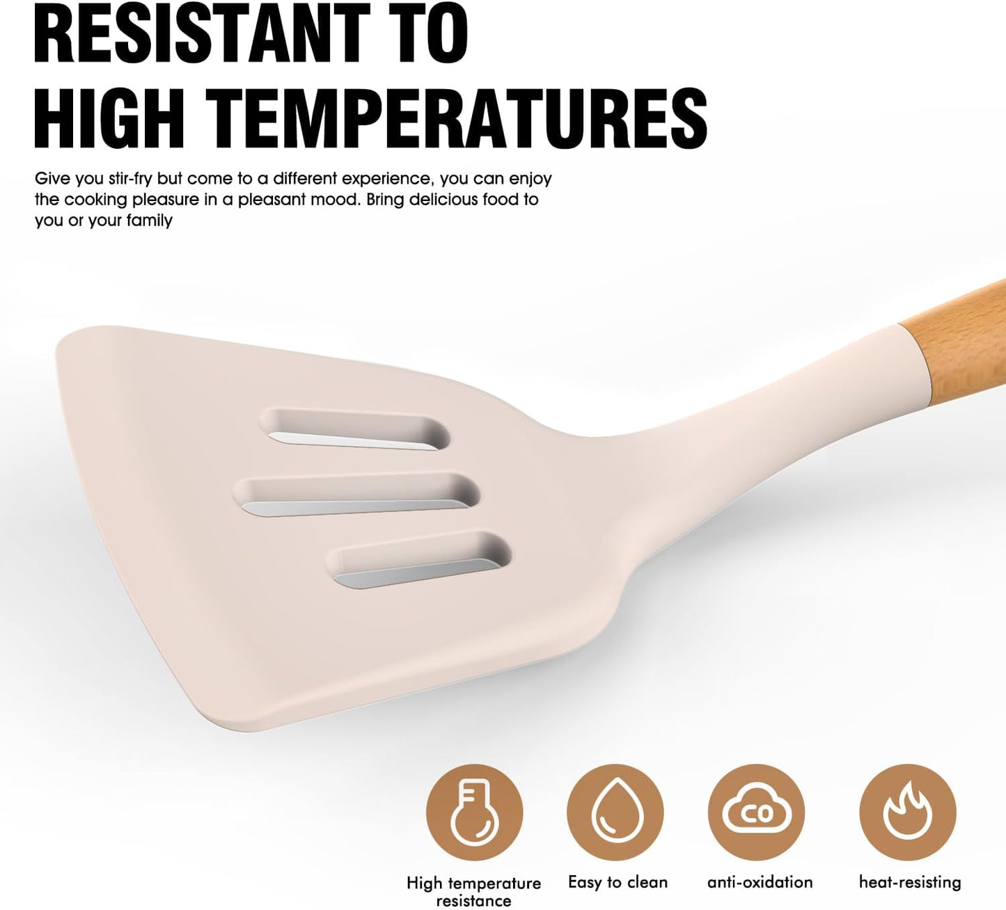 Silicone Cooking Utensils Set - Silicone Kitchen Utensils for Cooking Wooden Handles, 446°F Heat Resistant Kitchen Utensil Spatula Sets w Holder, Gadgets for Non-Stick Cookware BPA FREE (Khaki)