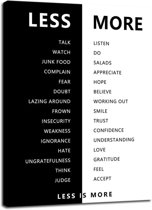 Less is More Motivational Print Wall Art for Office Black and White Inspirational Poster Inspiring Picture Painting Modern Artwork for Home Bedroom Living Room Office Decor Frame[18''W X 24''H]