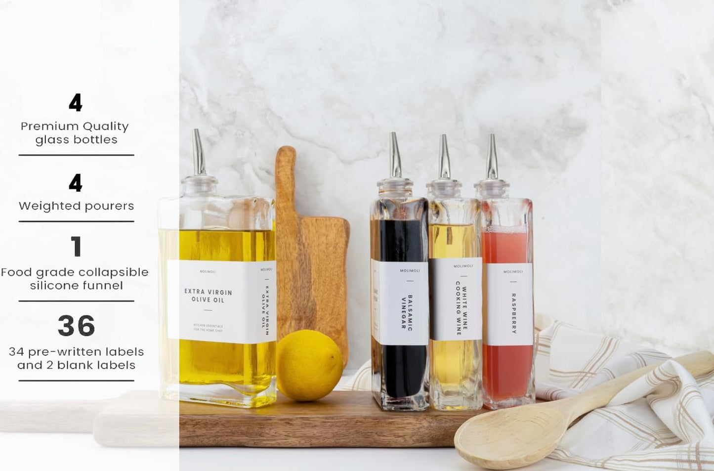 Molimoli Olive Oil Dispenser Bottle for Kitchen, Automatic Pourer, Glass Dispenser for Kitchen, Olive Oil Cruet, | Set of 4 - Silver