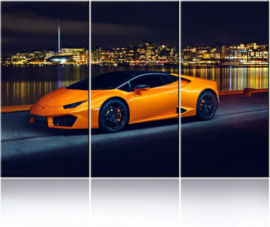 TUMOVO Orange Sports Car On Seascape and Skyline Wall Art Painting The Picture Print On Canvas Racing Car Pictures for Home Decor Decoration Gift - 28 x 14inch x 3 panel