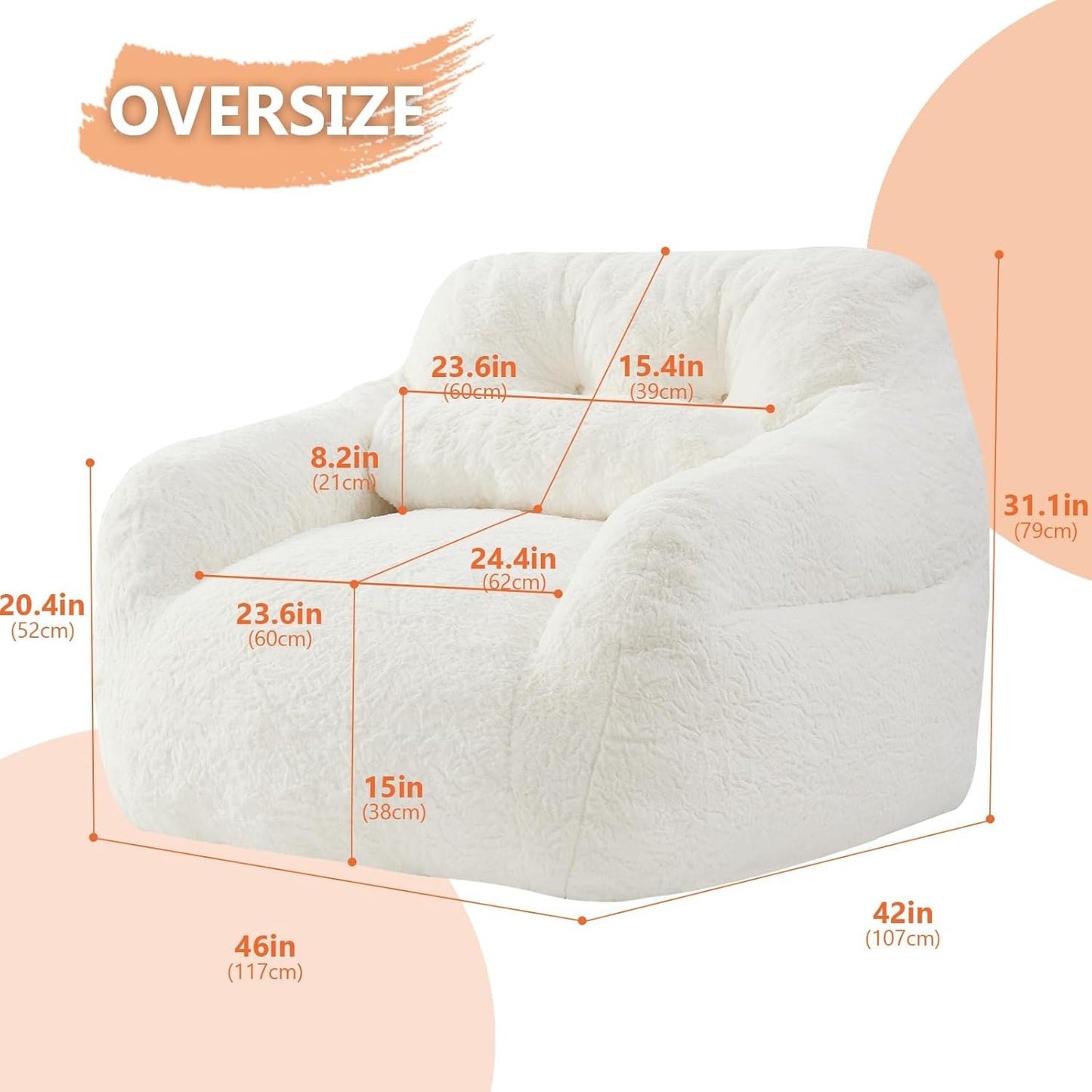 Bean Bag Chair for Adults with Pillow,Oversized Bean Bag Couch Chairs for Adults,Giant Lazy Couch Sofa Chairs with Filler,Large Reading Chair for Living Room Bedroom,White