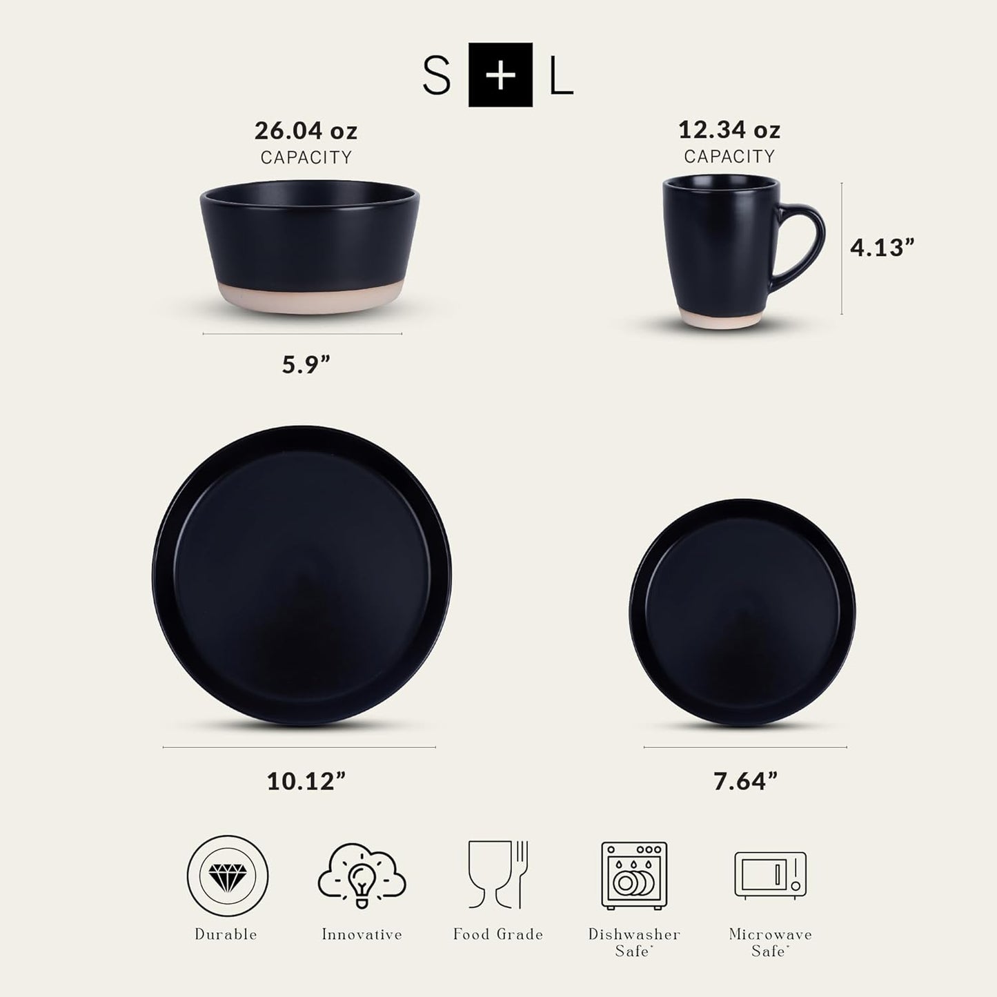 Stone Lain Jules Modern Stoneware 32-Piece Round Black Dinnerware Set, Plates and Bowls Sets, Dish Set for 8, Black