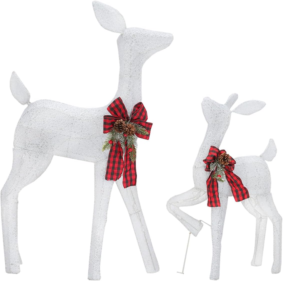 2 Pcs Reindeer Christmas Decoration, Xmas Lighted White Shimmering Doe and Fawn Display Set with 105 Warm White Lights for Yard Lawn Indoor Outdoor
