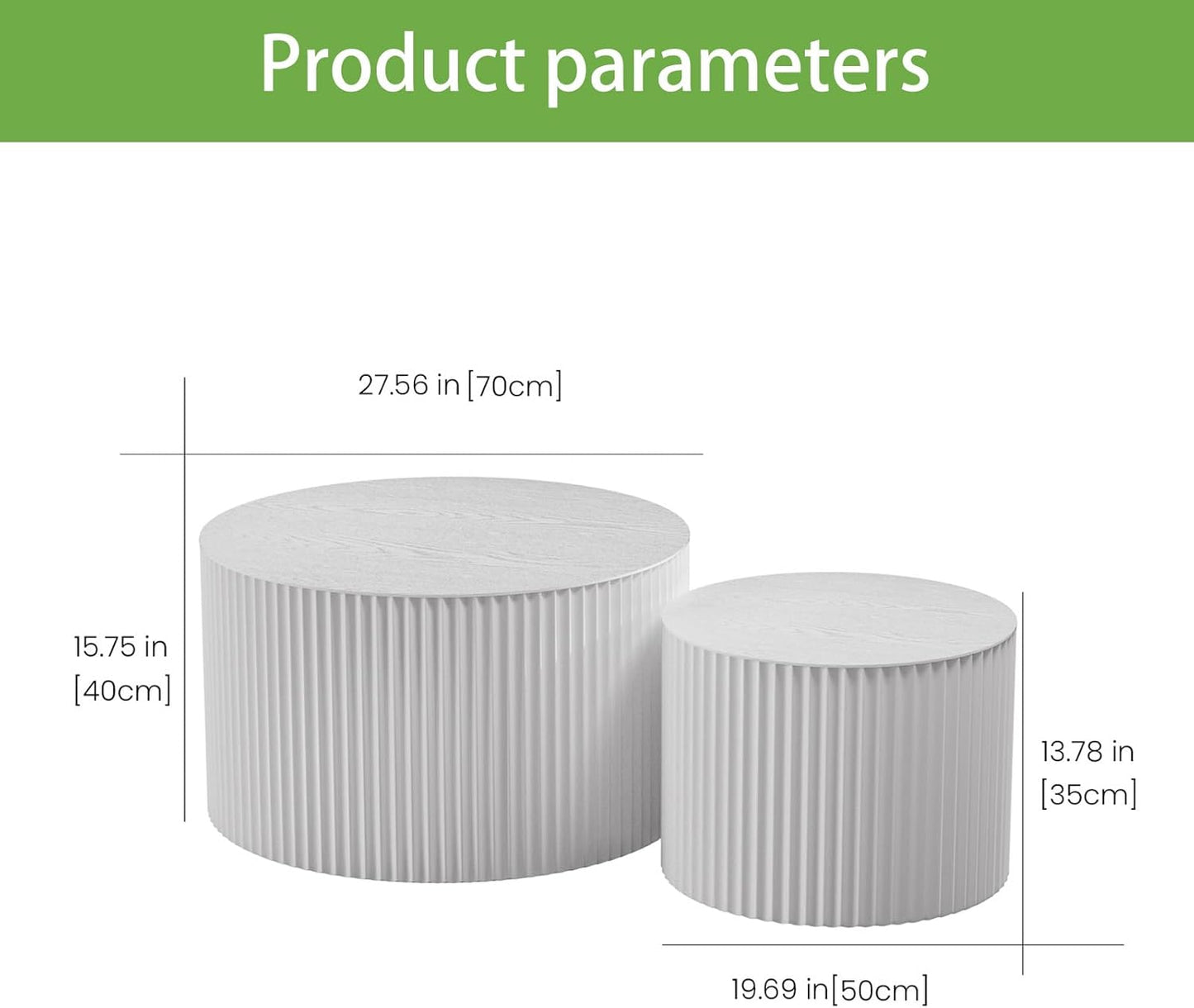 Round Coffee Table Set of 2, Nesting Coffee Table and End Table Set Small Circle Drum Side Table for Living Room Office, No Assembly (D White Crescent)