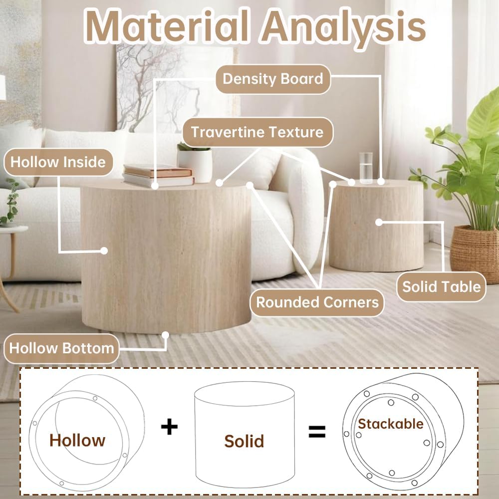 Round Nesting Coffee Table Set of 2 Modern Small Round Coffee Table Travertine Side Table Small End Table Circular Coffee Tables Circle Nested Coffee Tables for Living Room (Travertine)