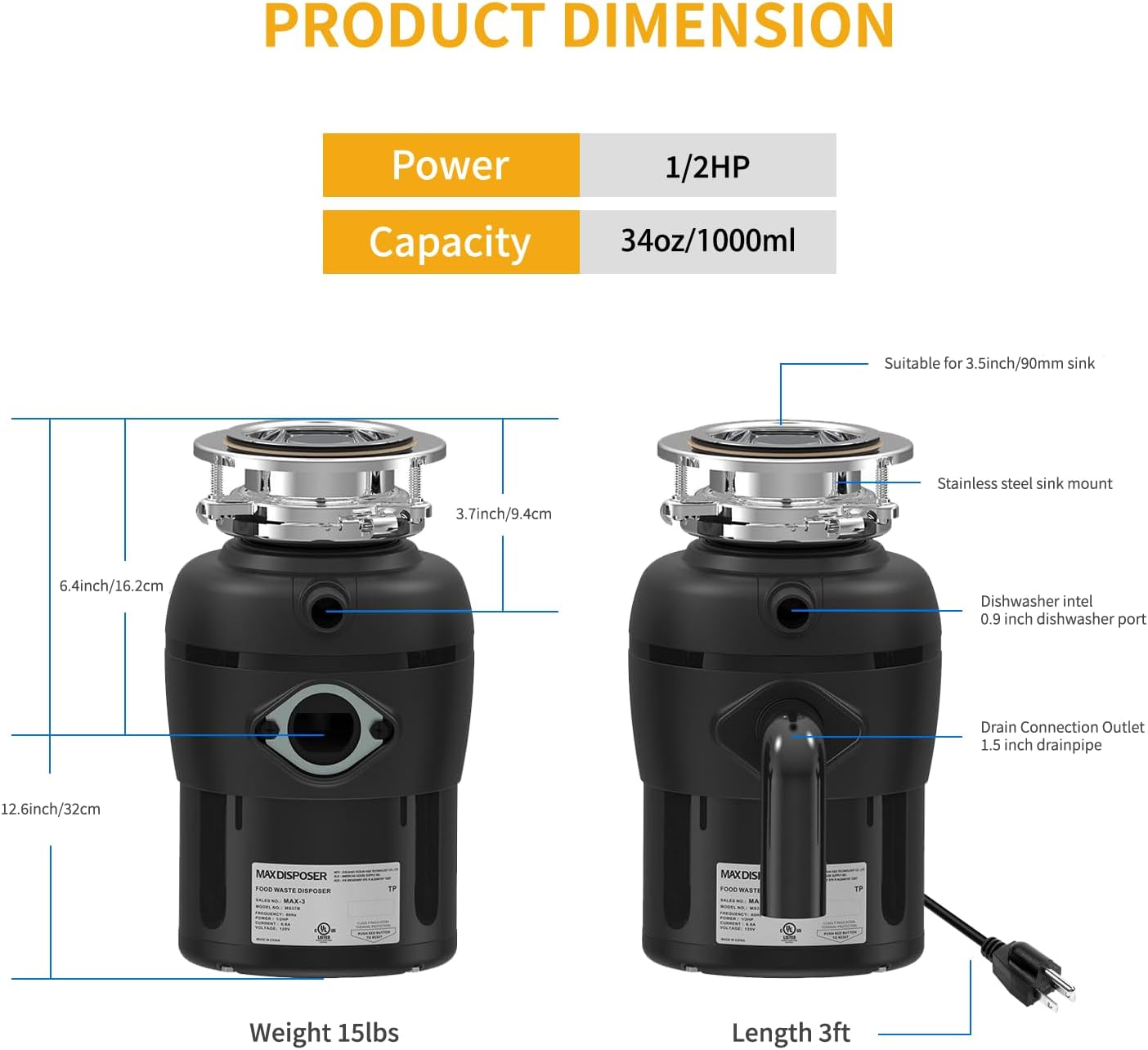 Garbage Disposal 1/2 HP Easy install Quiet with Stopper Power Cord, Kitchen sink Food Waste Disposer Continuous Feed, Stainless Steel Grind Half Horsepower AC Motor Unit (MAX-3)