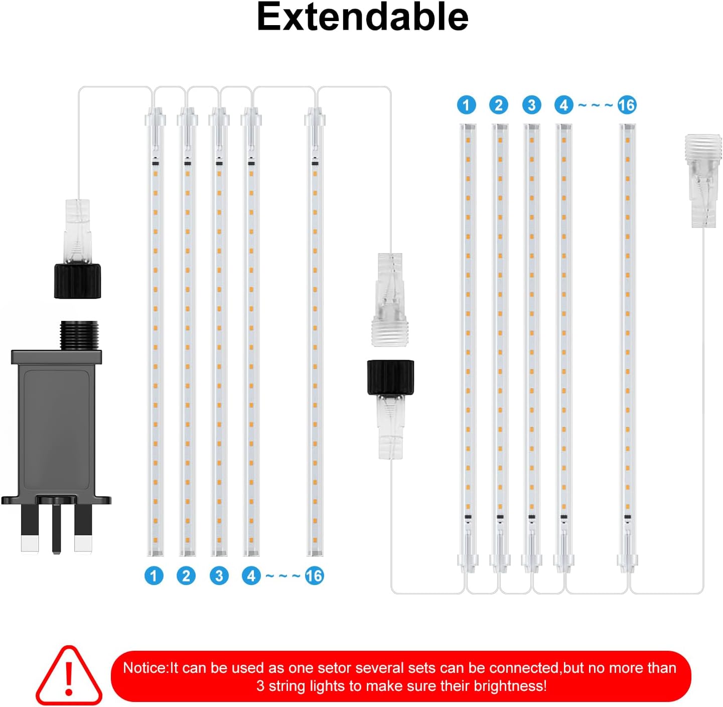 PEMOTech Christmas Lights Outdoor,16 Tubes 16 Inch 576 LED Meteor Shower Lights, Waterproof Christmas Decorations Icicle Light for Xmas Tree Halloween Party, Ul Plug,Cool White