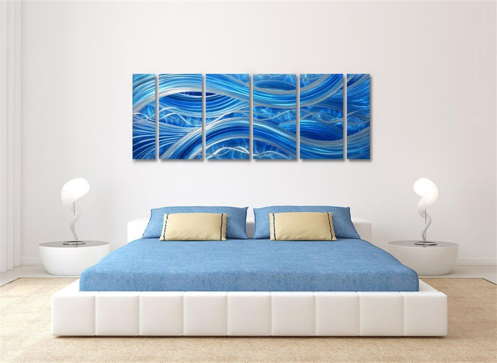 MyArton Handmade Abstract Metal Wall Art with Soft Color, Large Scale Decor in Blue Line Design, 3D Artwork for Indoor Outdoor Wall Decorations, 6-Panels Metal Art Measure 24"x 65"