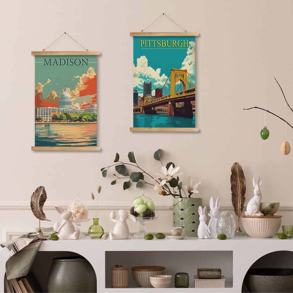 WREVERW Vintage Madison Poster Canvas Print with Wooden Hanger Frame, Featuring the Iconic Wisconsin State Capitol and Lakeside View, Wall Art for Home and Office Decor, 16x23 inches