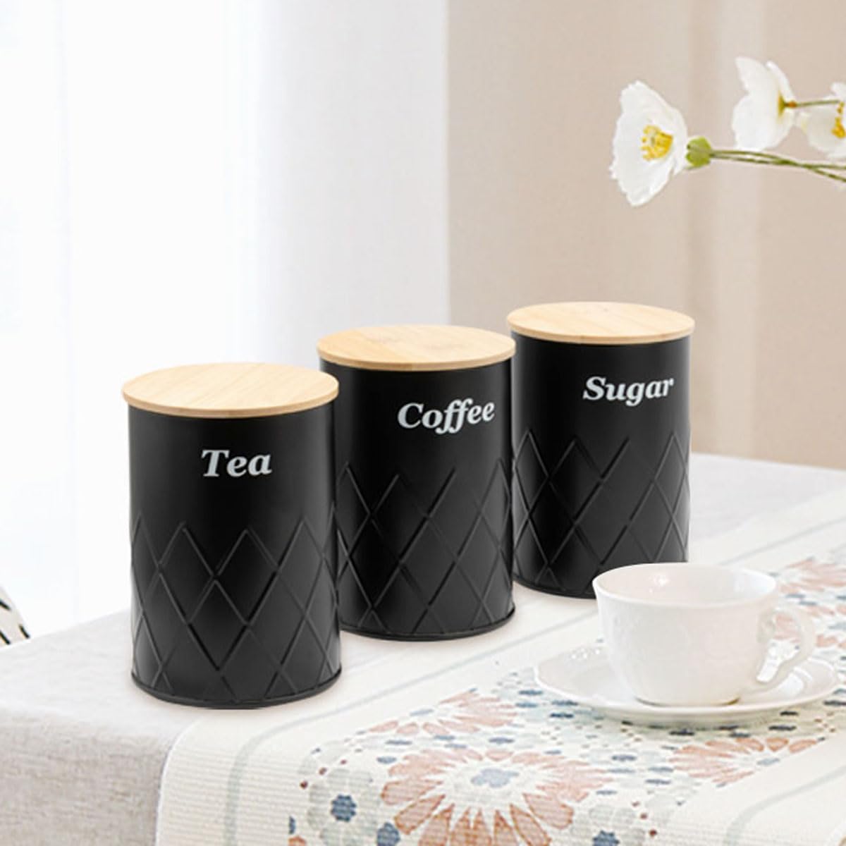 Black Canister Sets for Kitchen Counter,Tea coffee canisters,sugar container,3 Canisters,900ML/30.43OZ