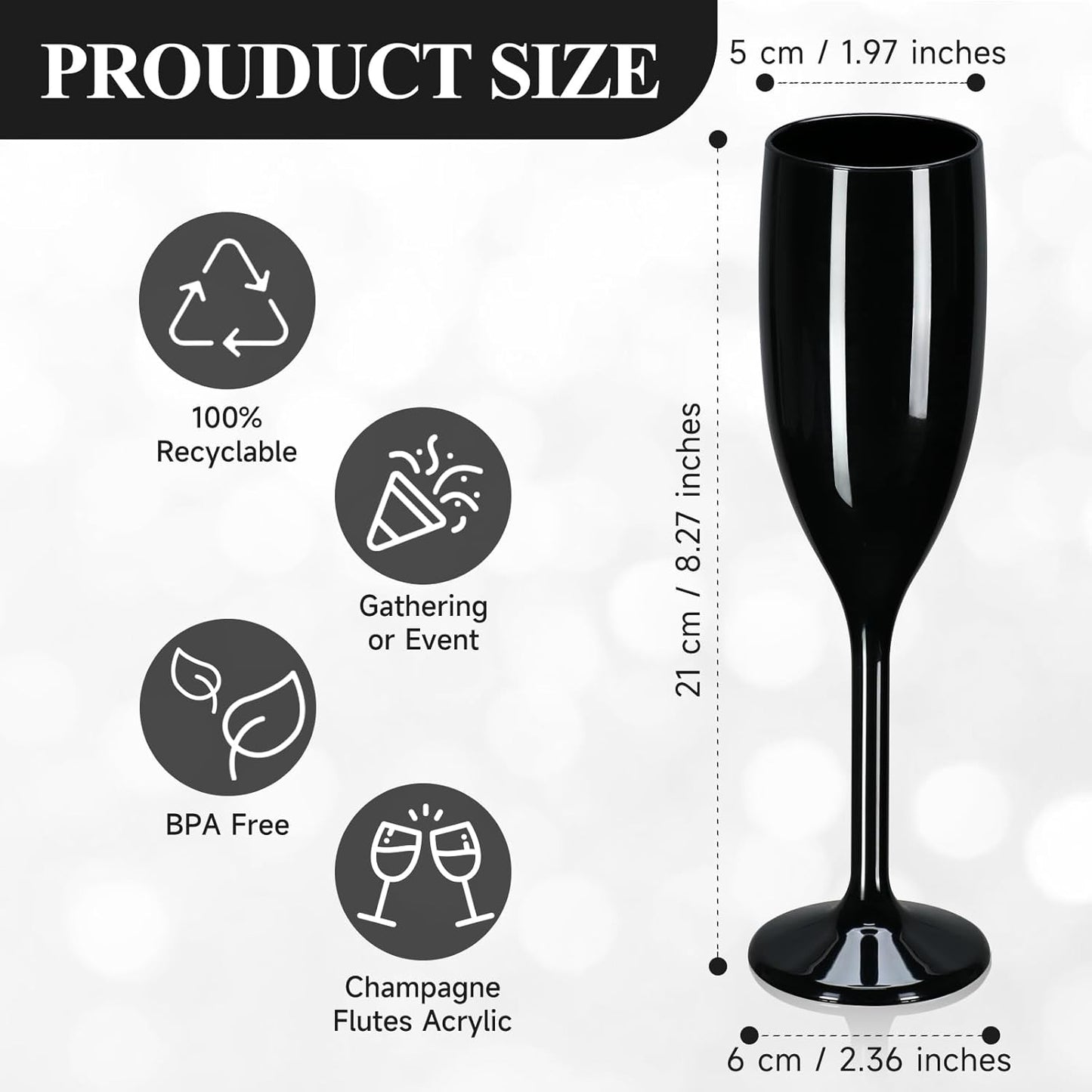 XUWAIDSGN Acrylic Champagne Flutes Toasting Glasses Unbreakable Mimosa Bar Reusable Wine Glasses Vintage Champagne Flutes Stemmed Drinking Cups 5.4 OZ for Christmas Birthday (24, Black)