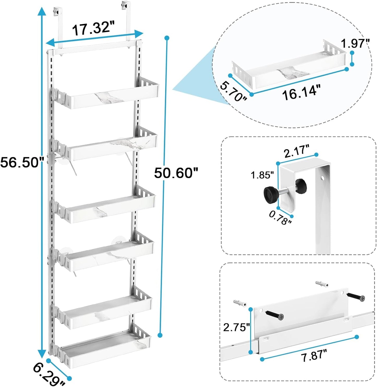 bukfen Over the Door Pantry Organizer, 6-Tier Adjustable Basket Kitchen Pantry Door Organization and Storage, Heavy-Duty Metal Hanging Kitchen Spice Rack,D6.3 x W17.32 x H50.60 inch,White Marble Color
