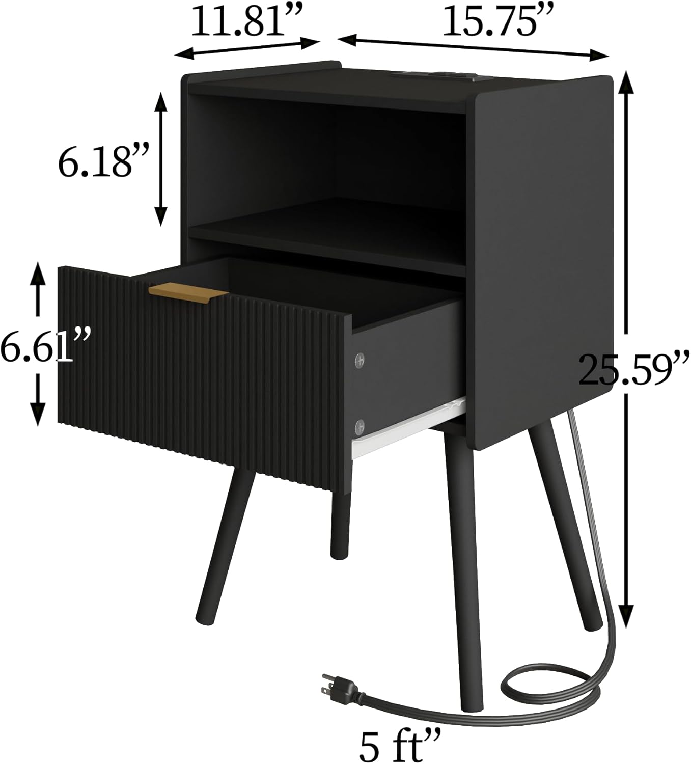 Nightstand,Modern Bedside Table with Storage Drawer and Open Wood Shelf, Accent Night Stand with Solid Wood Legs for Living Room, Bedroom and Small Spaces,Easy Assembly (Black-Outlet)