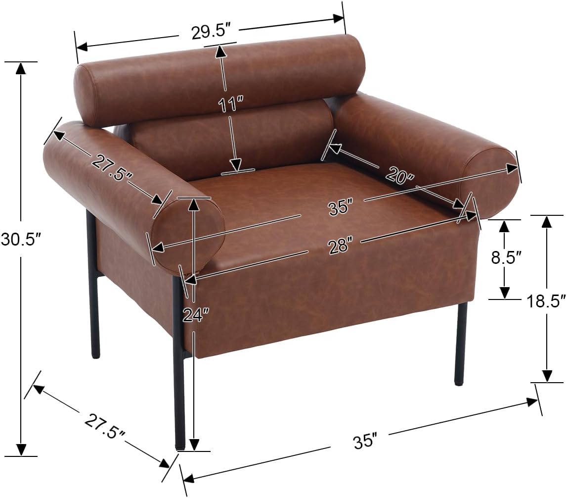 Modern Accent Chairs Set of 2, Single Sofa Accent Chairs for Living Room, Oversized Upholstered Leather Mid-Century Office Reading Armchairs with Channel Tufted for Bedroom, Brown