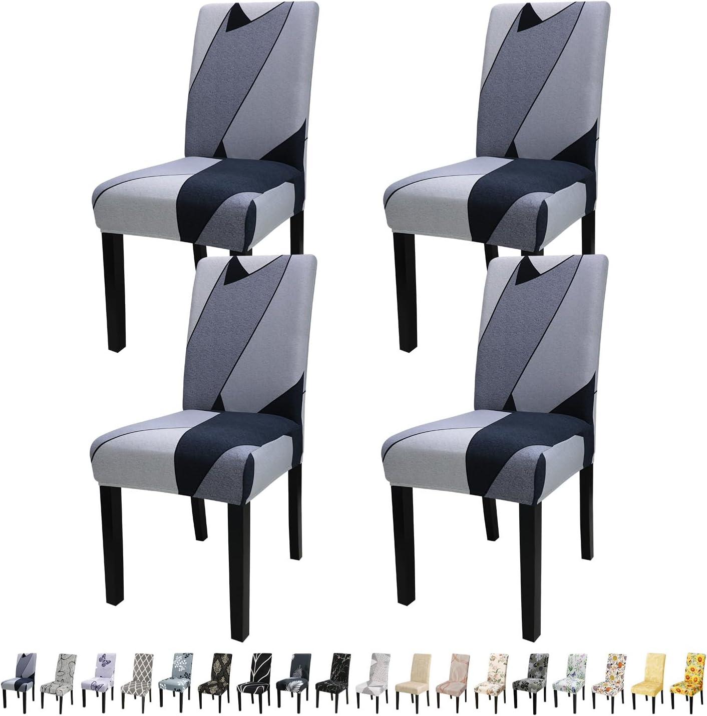 JQinHome Pattern Chair Covers for Dining Room Set of 4, High Stretch Removable Washable Parsons Chair Slipcover for Home Party Hotel Wedding Ceremony (White Grey,4PCS)