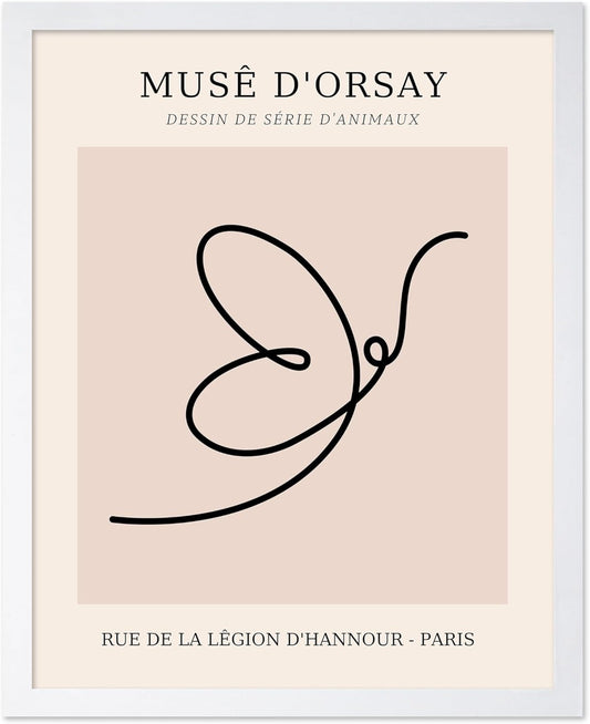 Poster Master Vintage Poster - Retro One Line Butterfly Drawing Print - Butterfly Line Art - Minimal Gift for Him, Her, Animal Lover - Abstract Decor for Home, Office, 8x10 White Framed