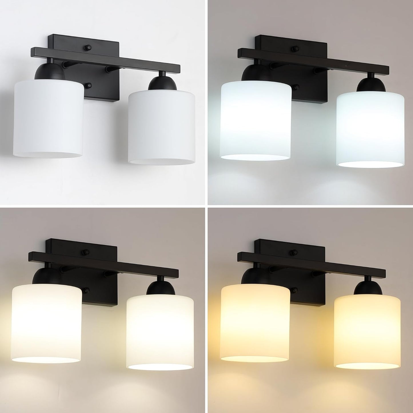 Milk Glass Vanity Lights for Bathroom, 2 Light Matte Black Bathroom Light Fixtures Over Mirror, Ceramic E26 Sockets Wall Mounted