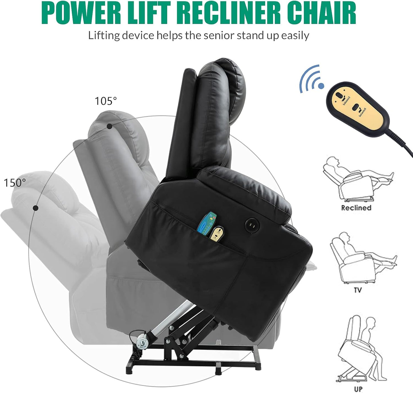 VIVIJASON Power Lift Chair Electric Recliner for Elderly Heated Vibration Massage Faux Leather Recliner Chair with 2 Remote Controls, Cup Holders, Side Pockets & USB Ports for Living Room (Black)