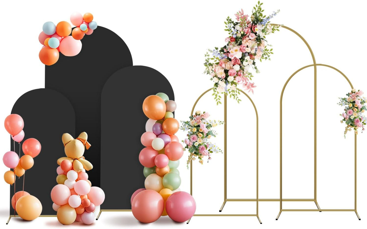 Arch Backdrop Stand and Cover Set, 3 Metal Balloon Arch Backdrop 7.2ft 6.6ft 6ft, Gold Arched Stand Frame for Wedding, Parties,Birthday, Backdrop Decorations (Black,7.2ft+6.6ft+6ft)