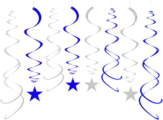 Party Star Swirl Decorations, Blue and Silver Foil Ceiling Hanging Star Swirl Decorations, Whirls Decorations for Birthday | Wedding | Anniversary | Graduation Party, Pack of 30