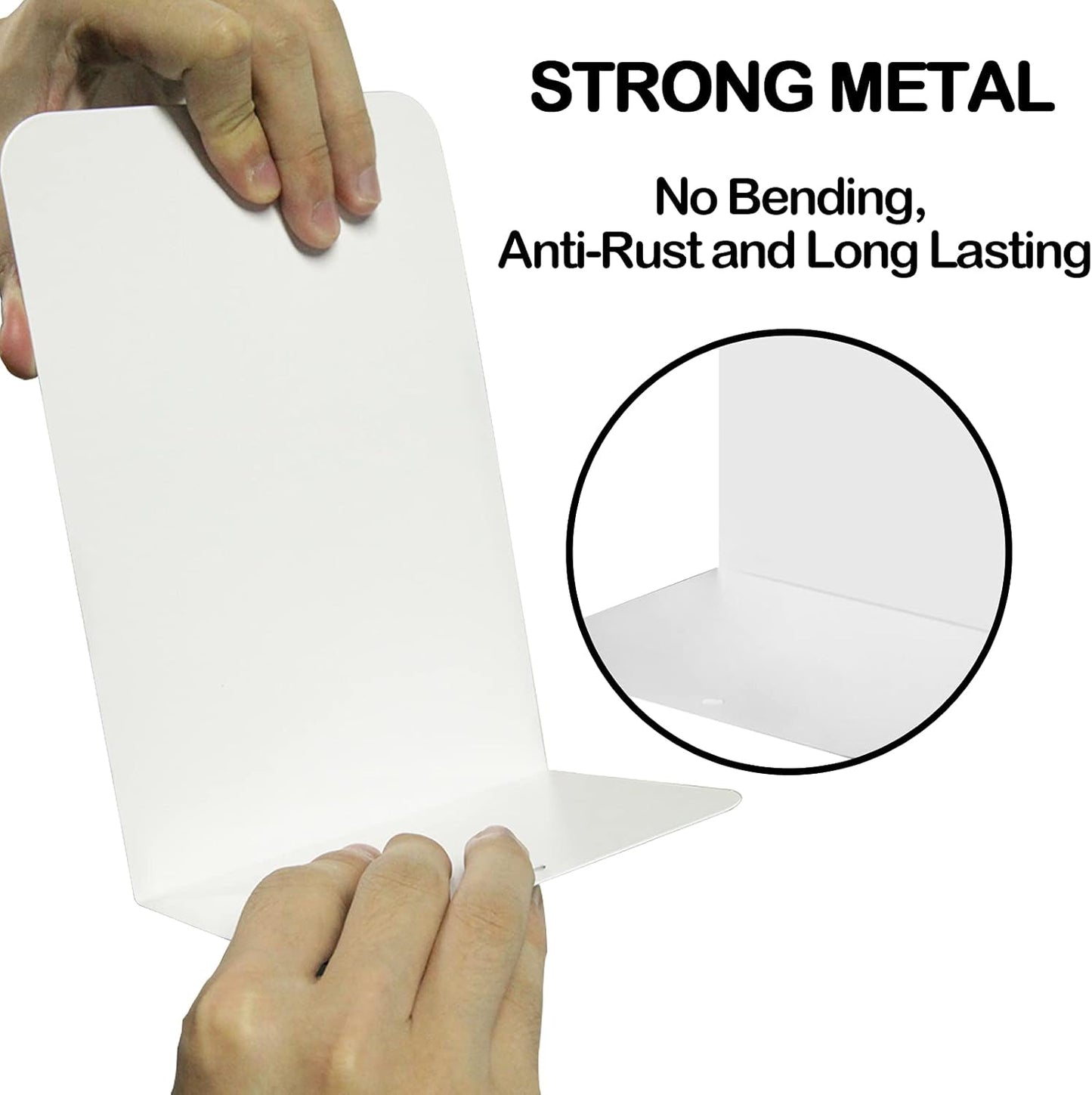 VONDERSO Metal Bookends, 4 Pairs White Metal Book Ends Heavy Duty for Shelves Decor Home Office, Unique White Bookends Supports Anti-Slip for Kids