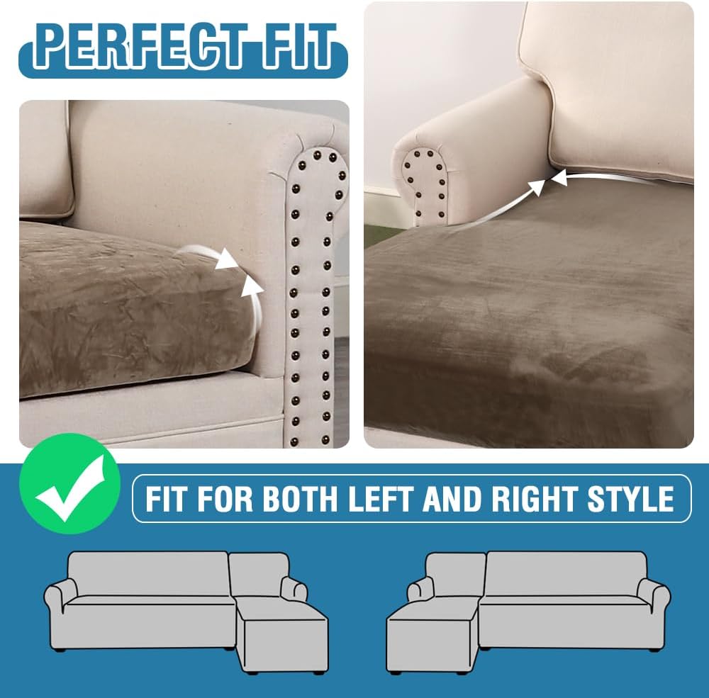 H.VERSAILTEX Velvet Stretch Sectional Couch Covers 4 Pieces Sofa Seat Cushion Covers L Shape Separate Couch Cover for Both Left/Right Sectional Couch (Large Sofa 3 Seater + 1 Chaise, Mocha)