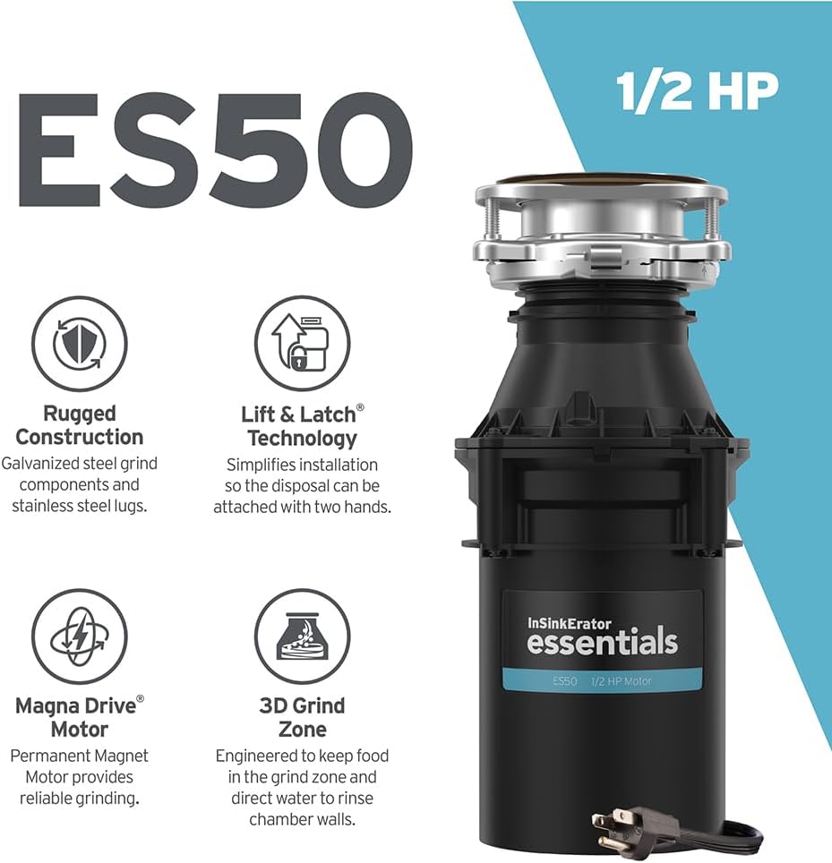 InSinkErator Essentials ES50 Kitchen Garbage Disposal with Power Cord, 1/2 HP Motor Continuous Feed Food Waste Disposer, ES50 W/C