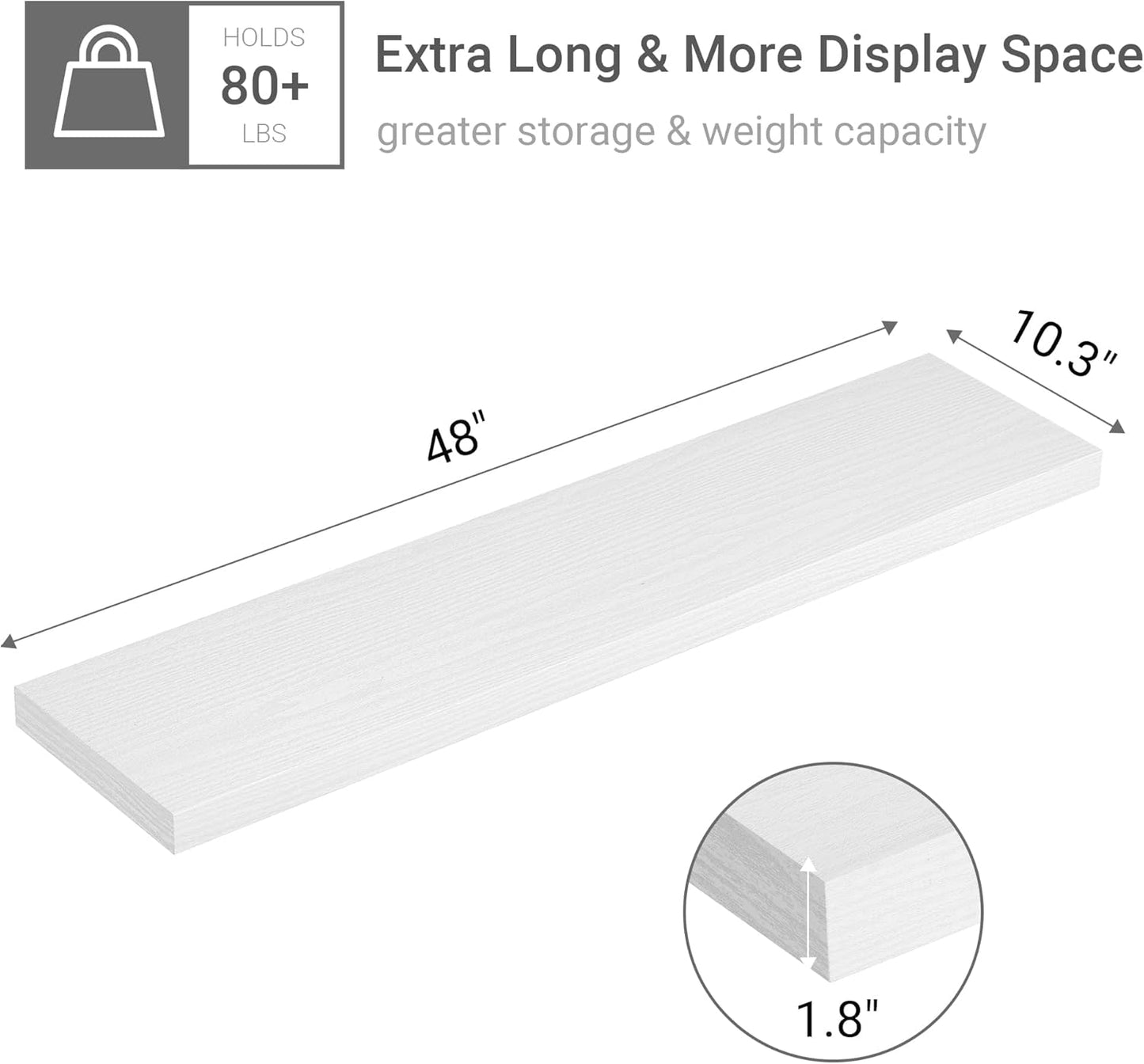 Single Floating Shelves 48 Inches, 48 x 10 inch Deep x 1.8 in Thick, Long Wall Shelves Heavy Duty 80 lbs for Bedroom, Living Room, Kitchen, Office, Modern Shelf Book Home Decor, White