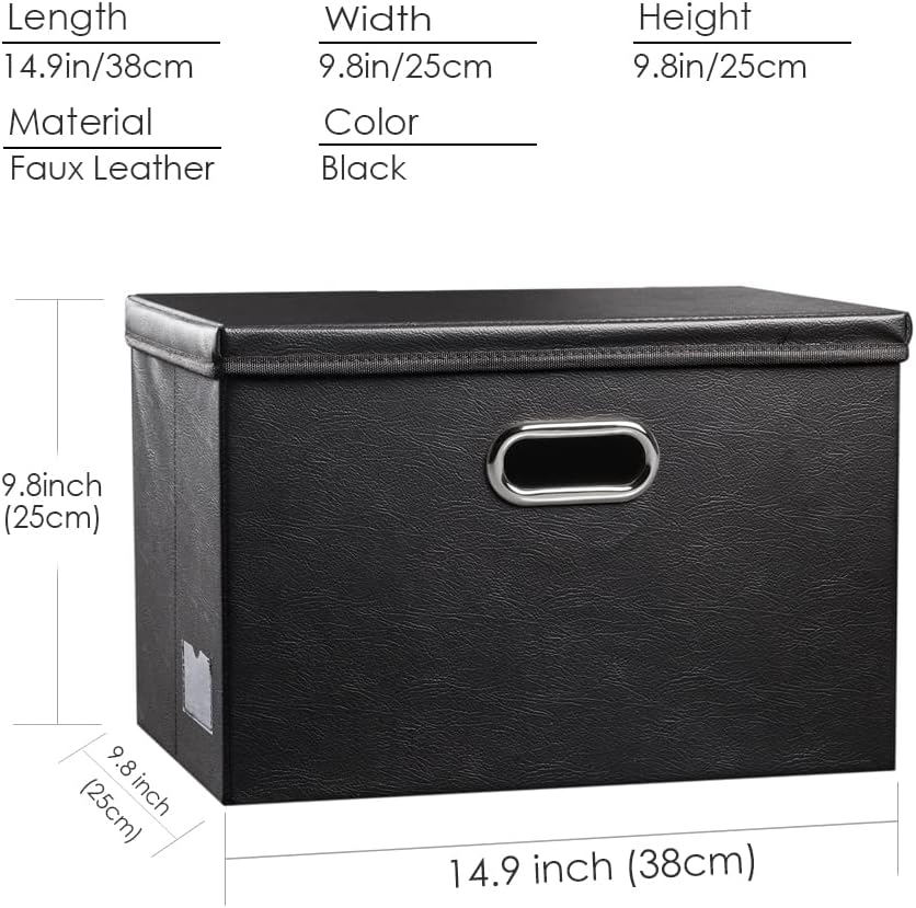 PRANDOM Foldable Storage Bins with Lids [5-Pack] Leather Fabric Collapsible Storage Boxes Organizer Containers Baskets Cube with Cover for Bedroom Closet Office Nursery Black (14.9x10.8x10)