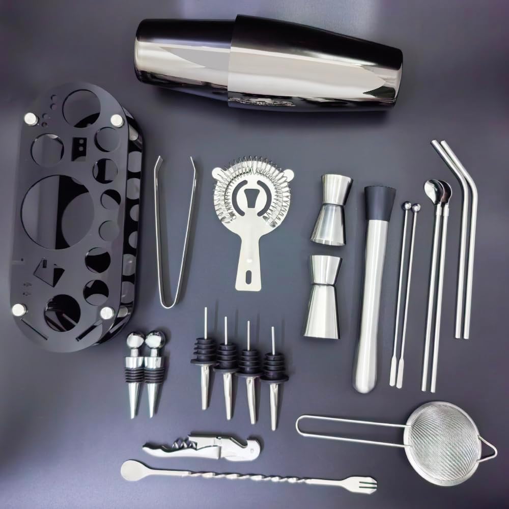 22-Piece Cocktail Shaker Set, 25/20oz Bartender Kit, Bartending Stainless Steel Bar Tools Sets for Drink Mixing, Boston Cocktail Shakers with Stand Recipes Booklet (Black-25-20oz)