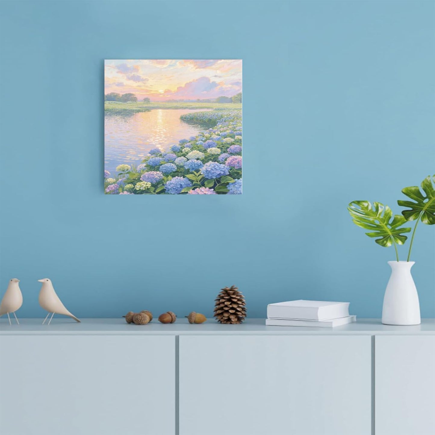 The hydrangea scenery all over the lake at sunset is suitable for posting in the living room bedroom office landscape poster wall painting
