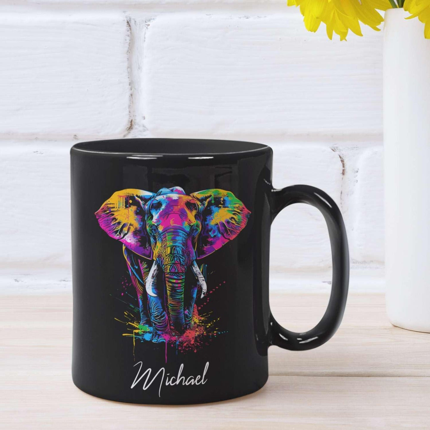 Elephant Coffee Mug 11oz 15oz, Personalized Name Animal Black Cup, Gift For Elephant Lovers, Custom Colorful Animal Design Mug, Gifts For Son Daughter On Birthday