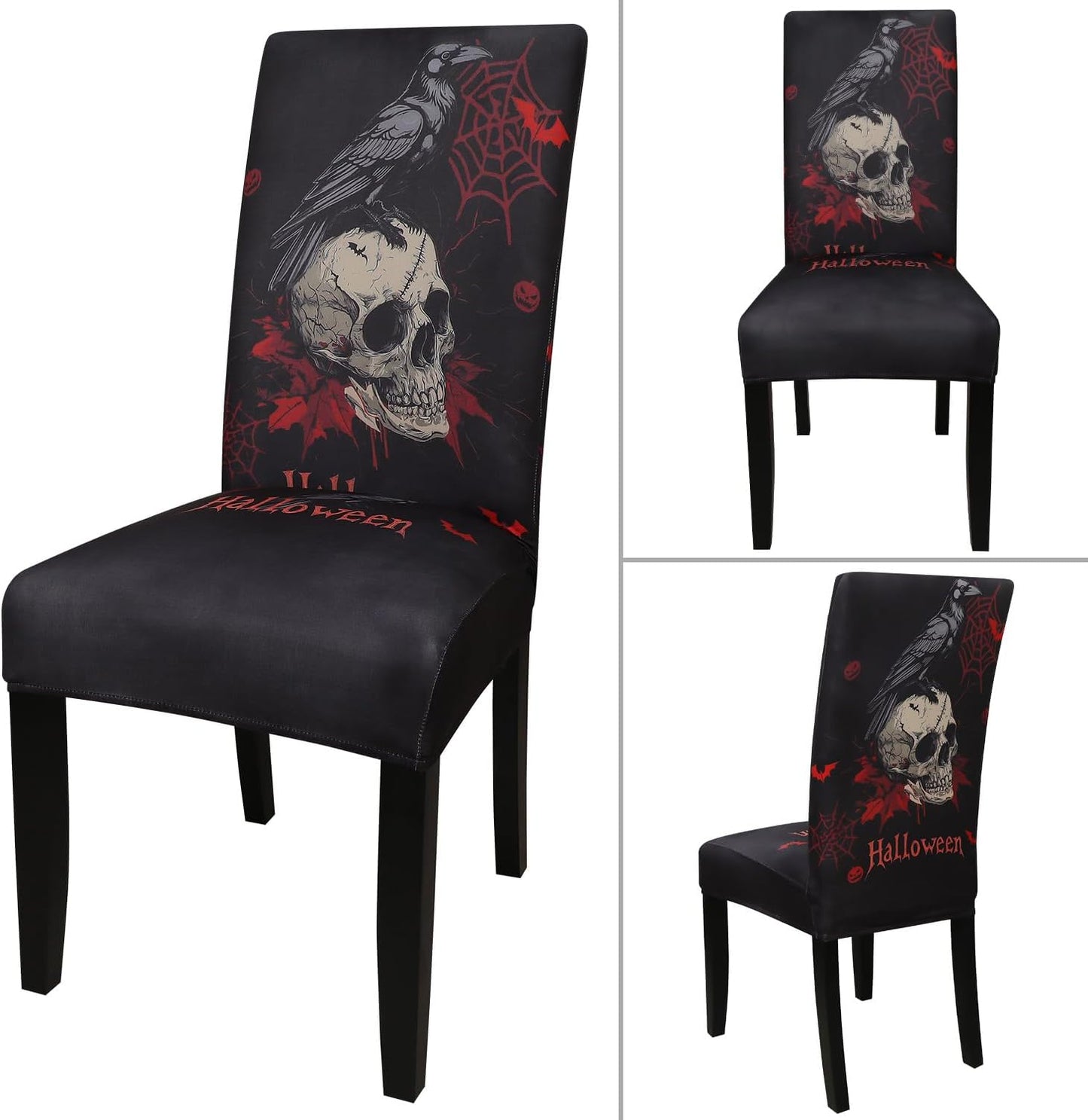 JQinHome Black Halloween Chair Slipcover,Skull Chair Covers Set of 6, High Stretch Washable Chair Protector Cover for Dining Room, Kitchen,Home Party,Wedding Ceremony(Skull Black,6PC)