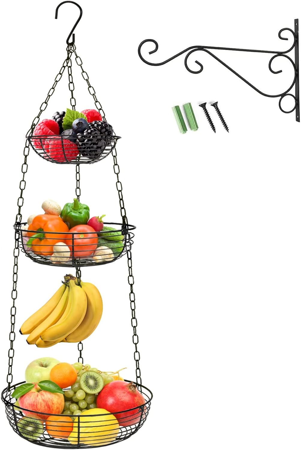 HULISEN 3 Tier Hanging Fruit Basket with Banana Hook, Heavy Duty Wire Hanging Baskets for Kitchen Storage, 36 Inch Hanging Vegetable Produce Basket Organizer (Including Installation Bracket)