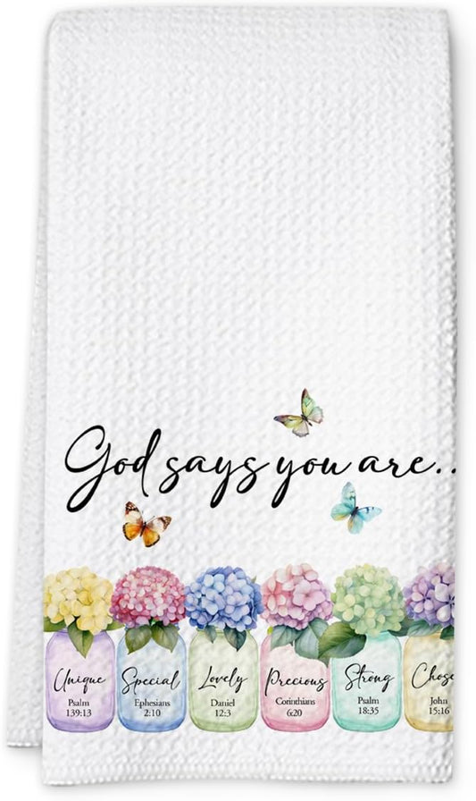 Christian Kitchen Towel, Waffle Weave Microfiber Scripture Hand Towel, God Says You are Bible Verse Farmhouse Decor for Kitchen Bathroom, Inspirational Gift for Women