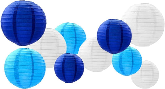 Paper Lanterns Decorations,Paper Hanging Decorations Ball Lanterns Lamps for Boy Birthday Parties, Bridal Showers, Baby Showers, Wedding（10 Pcs,4 in/6 in/8 in/10 in,Blue/White）