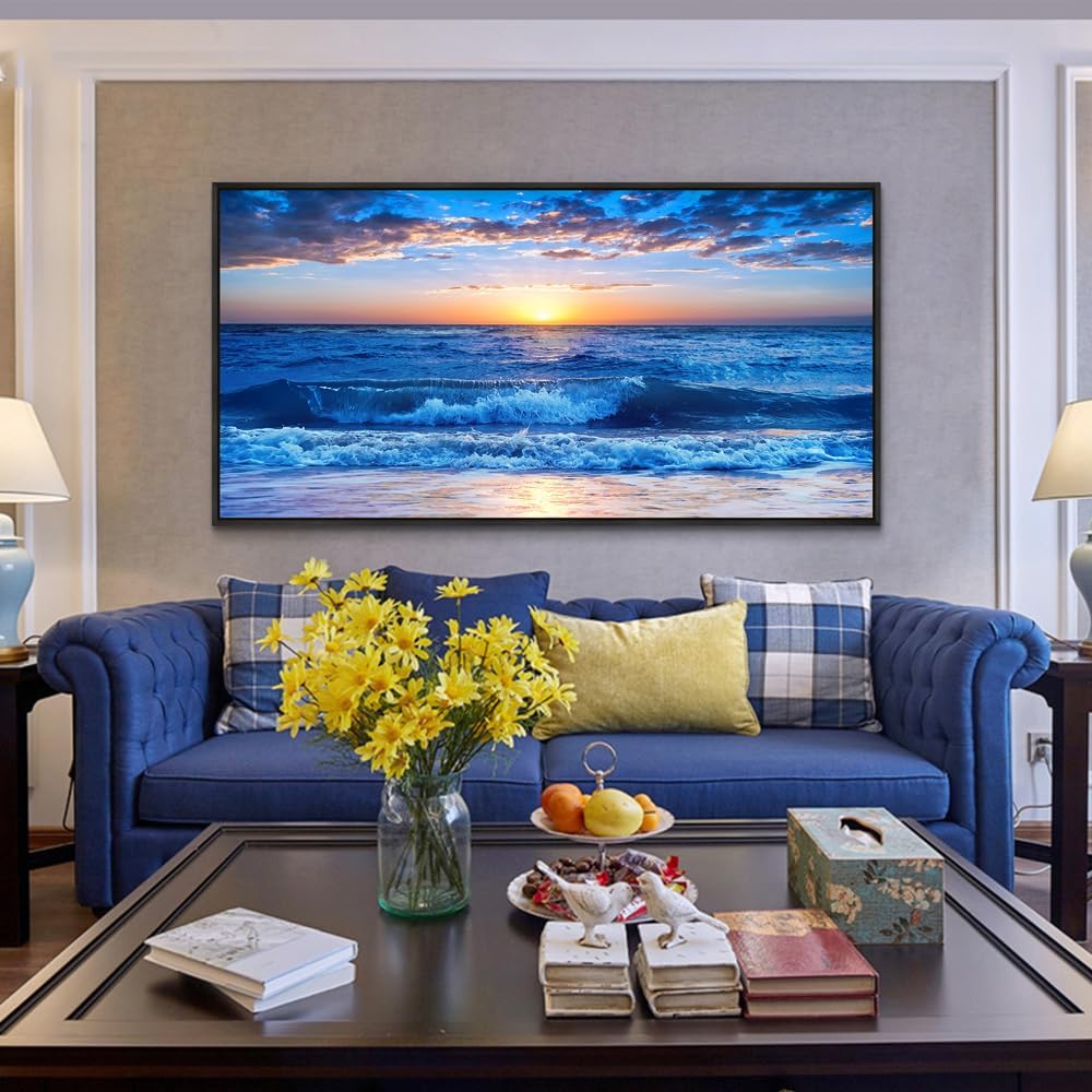 Wapluam Black Framed Canvas Wall Art For Living Room Large Wall Decor For Bedroom Office Wall Decorations Blue Ocean Beach Wall Painting Sunny Sea View Wave Wall Pictures Artwork Room Home Decor