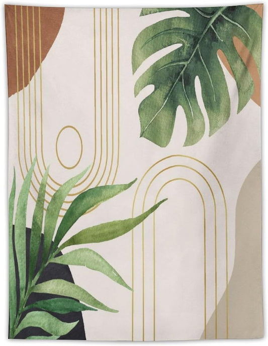 Abstract Boho Tapestry, Mid Century Tropical Tree Leaves Modern Geometric Arch Bohemian Botanical Tapestry, Home Aesthetic Wall Hanging Art Decor for Living Room Bedroom Dormitory 60x60 Inch