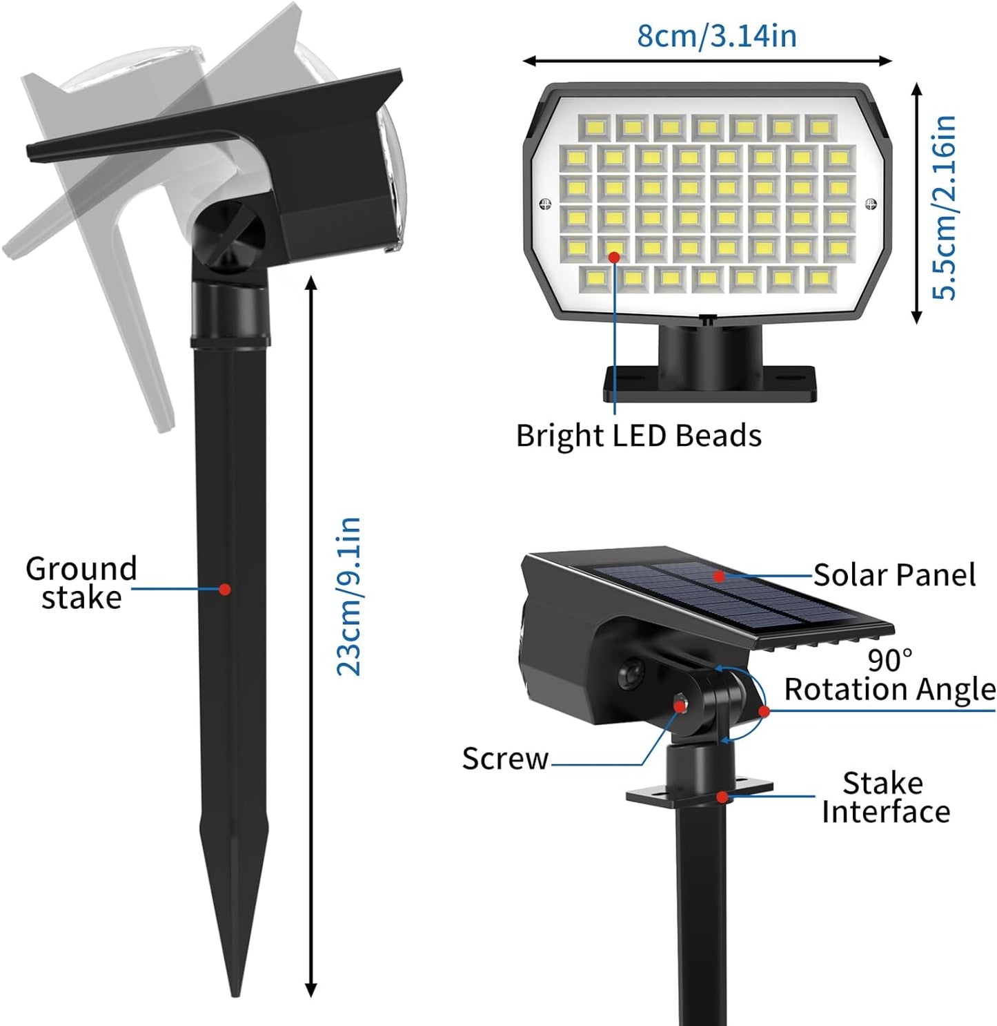 Solar Spot Lights Outdoor 2 Pack, [46 LED/3 Modes] Solar Landscape Spotlights Waterproof, 2-in-1 Auto On/Off Solar Powered Lights for Outside Yard Garden Wall Pathway(Cool White)