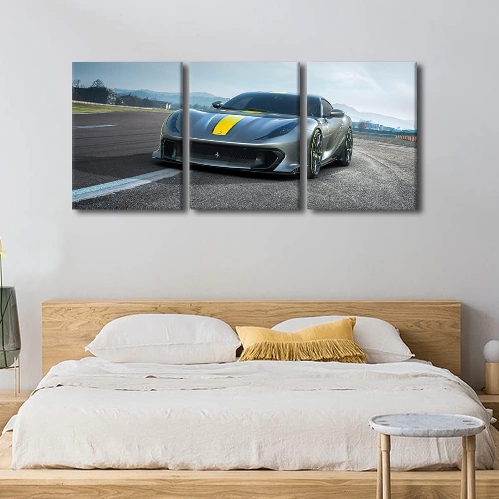 Wall Art Decor Painting on Canvas Gray Sports Car on the Road Pictures for Home Walls Speed Racing Cars Office Wall Art Framed 3 Pieces Supercar Modern Artwork for Living Room Bedroom, 36" Wx16 H